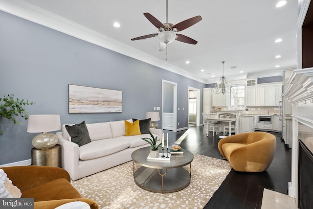 1200 Prince Edward St, Fredericksburg, VA 22401 - living room with wood finished floors, ornamental molding, a ceiling fan, recessed lighting, and baseboards