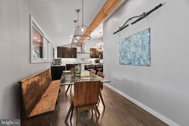1004 Mercer Rd, Princeton, NJ 08540 - dining area with a chandelier, dark wood finished floors, baseboards, and beam ceiling