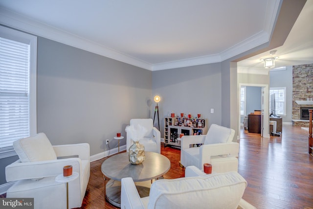 41031 Brook Grove Dr, Aldie, VA 20105 - living room featuring ornamental molding, wood finished floors, and baseboards