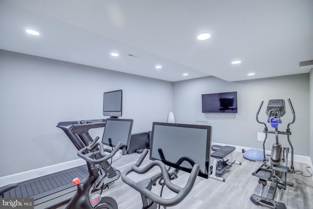 41031 Brook Grove Dr, Aldie, VA 20105 - exercise area featuring wood finished floors, recessed lighting, and baseboards