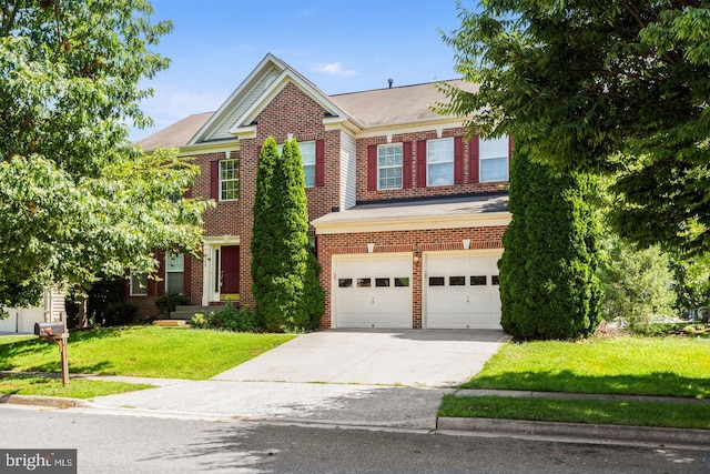 1950 Melvor Ln, Winchester, VA 22601 - colonial house featuring an attached garage, concrete driveway, a front yard, brick siding, and a shingled roof