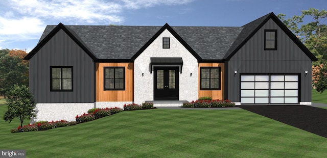 2741 Primrose Ln N, York, PA 17404 - modern farmhouse featuring a front lawn, french doors, asphalt driveway, a garage, and a shingled roof