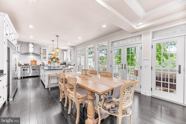 3209 Henson Ave, Annapolis, MD 21403 - dining room featuring french doors, crown molding, recessed lighting, healthy amount of natural light, and dark wood-type flooring