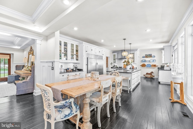 3209 Henson Ave, Annapolis, MD 21403 - dining space with dark wood-style floors, recessed lighting, crown molding, and a wainscoted wall