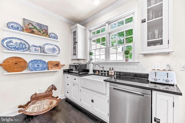 3209 Henson Ave, Annapolis, MD 21403 - kitchen with dishwasher, ornamental molding, dark countertops, white cabinets, and dark wood-style flooring