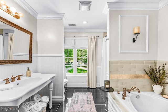3209 Henson Ave, Annapolis, MD 21403 - bathroom with a wainscoted wall, a bath, vanity, and crown molding