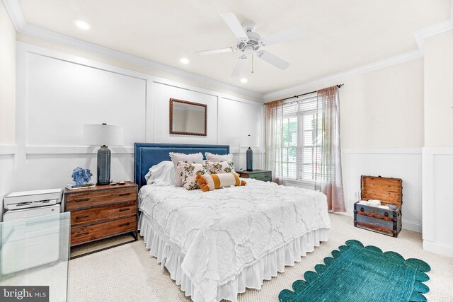 3209 Henson Ave, Annapolis, MD 21403 - bedroom with crown molding, a decorative wall, a ceiling fan, recessed lighting, and light carpet