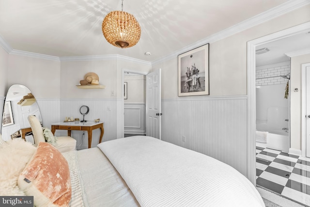 3209 Henson Ave, Annapolis, MD 21403 - bedroom featuring tile patterned floors, a wainscoted wall, ornamental molding, and a chandelier