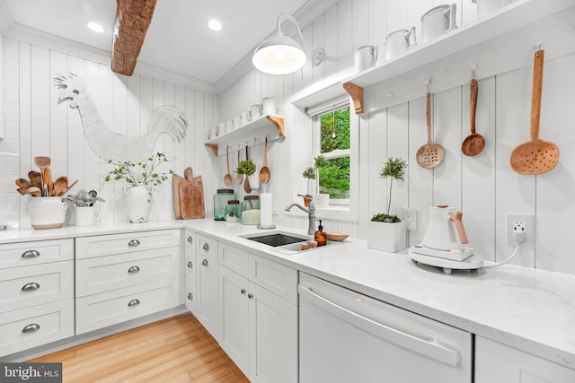 3209 Henson Ave, Annapolis, MD 21403 - kitchen featuring white dishwasher, open shelves, light countertops, white cabinets, and light wood-type flooring