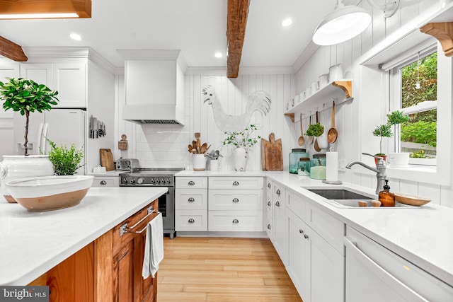 3209 Henson Ave, Annapolis, MD 21403 - kitchen with white appliances, custom range hood, decorative backsplash, open shelves, and light countertops