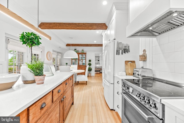 3209 Henson Ave, Annapolis, MD 21403 - kitchen with electric range, custom range hood, beam ceiling, light wood-type flooring, and decorative backsplash