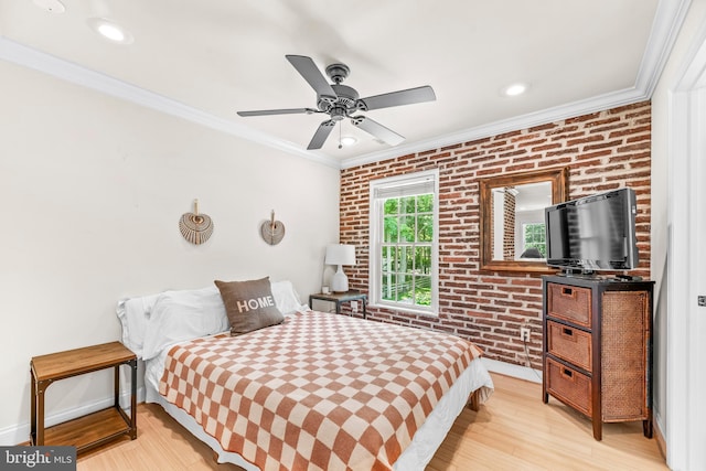 3209 Henson Ave, Annapolis, MD 21403 - bedroom with brick wall, crown molding, light wood-type flooring, ceiling fan, and recessed lighting
