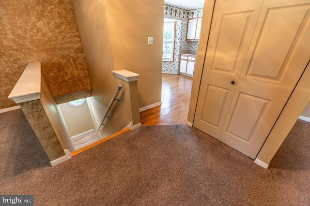 722 Scotch Way Unit C-26, West Chester, PA 19382 - stairs featuring carpet flooring, baseboards, and wallpapered walls