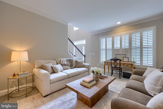 2149 Colleens Way, Lancaster, PA 17601 - living room featuring crown molding, stairs, baseboards, light colored carpet, and recessed lighting