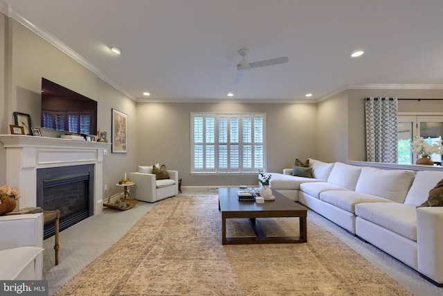 2149 Colleens Way, Lancaster, PA 17601 - living room with recessed lighting, ceiling fan, a glass covered fireplace, crown molding, and carpet