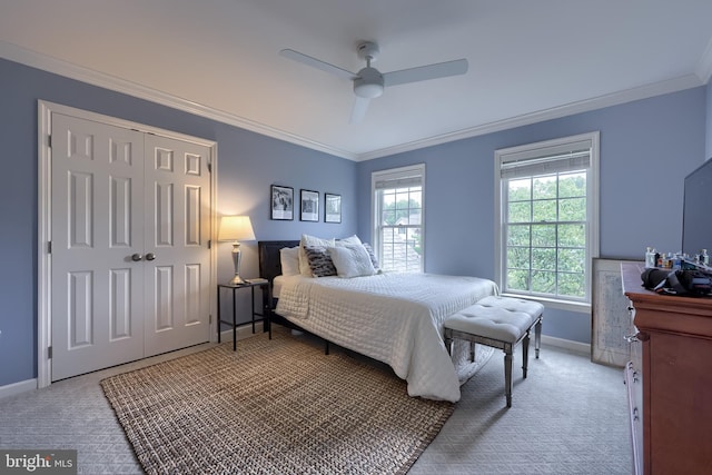 2149 Colleens Way, Lancaster, PA 17601 - bedroom with ornamental molding, light carpet, baseboards, a closet, and a ceiling fan