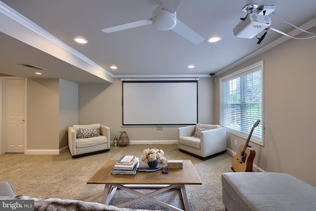 2149 Colleens Way, Lancaster, PA 17601 - carpeted home theater room with ornamental molding, ceiling fan, recessed lighting, and baseboards