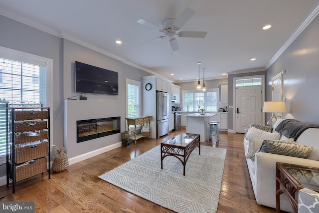 2149 Colleens Way, Lancaster, PA 17601 - living area featuring crown molding, a glass covered fireplace, ceiling fan, recessed lighting, and wood finished floors