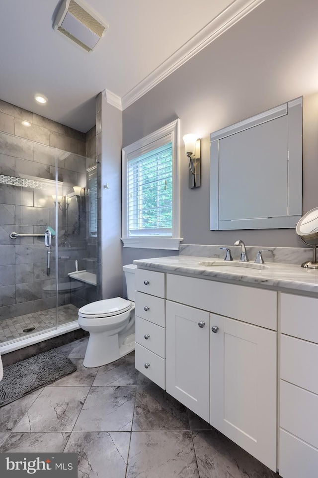 2149 Colleens Way, Lancaster, PA 17601 - bathroom with crown molding, toilet, vanity, marble look tiles, and a stall shower