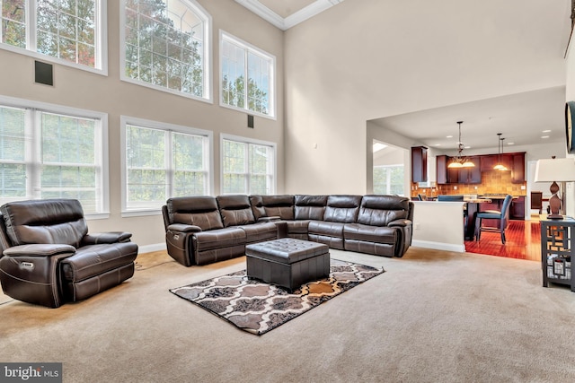 3913 Rolling Paddock Dr, Upper Marlboro, MD 20772 - living room featuring light colored carpet, a towering ceiling, ornamental molding, and baseboards