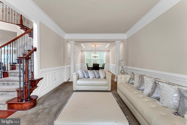 3913 Rolling Paddock Dr, Upper Marlboro, MD 20772 - living room with decorative columns, stairway, carpet flooring, ornamental molding, and a decorative wall