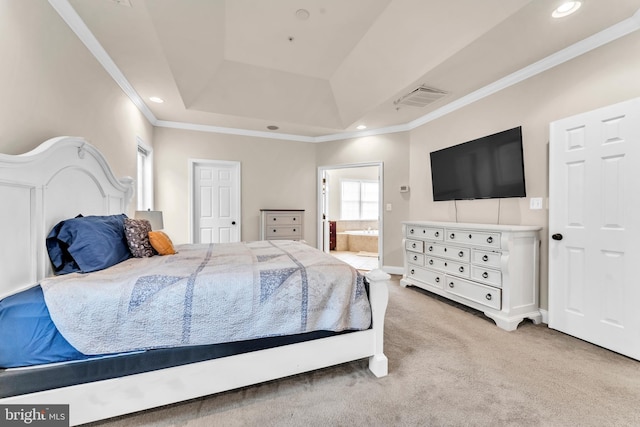 3913 Rolling Paddock Dr, Upper Marlboro, MD 20772 - bedroom featuring ornamental molding, a raised ceiling, light carpet, ensuite bathroom, and recessed lighting