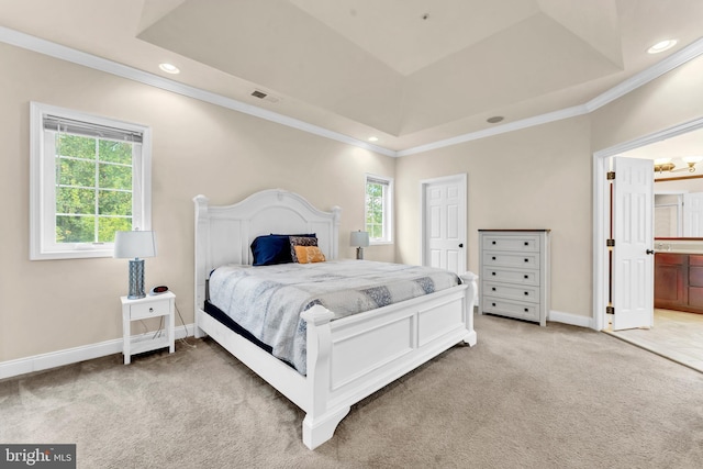 3913 Rolling Paddock Dr, Upper Marlboro, MD 20772 - bedroom featuring a tray ceiling, light carpet, ornamental molding, baseboards, and recessed lighting