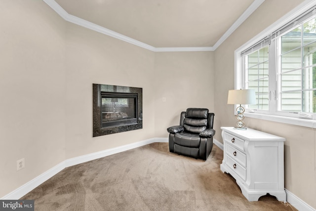3913 Rolling Paddock Dr, Upper Marlboro, MD 20772 - living area featuring crown molding, baseboards, carpet floors, and a glass covered fireplace