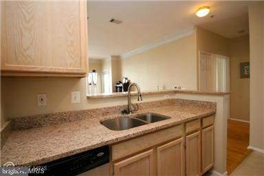 1581 Spring Gate Dr Unit 5207, Mclean, VA 22102 - kitchen with a sink, a peninsula, light stone countertops, dishwashing machine, and crown molding