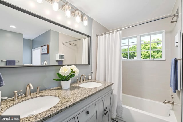 1523 N Hollywood St, Philadelphia, PA 19121 - bathroom featuring shower / bath combination with curtain and double vanity