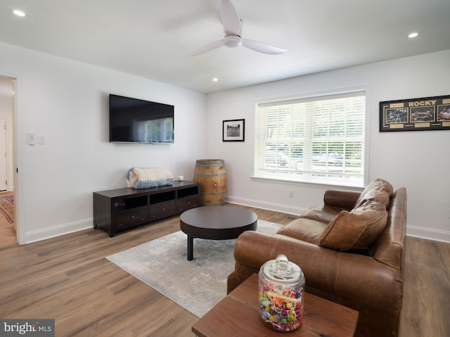 745 Conestoga Rd, Bryn Mawr, PA 19010 - living area with a ceiling fan, baseboards, recessed lighting, and wood finished floors