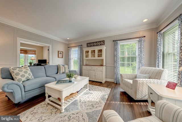 15220 Highview Ct, Waterford, VA 20197 - living room featuring a decorative wall, plenty of natural light, crown molding, dark wood-style flooring, and recessed lighting