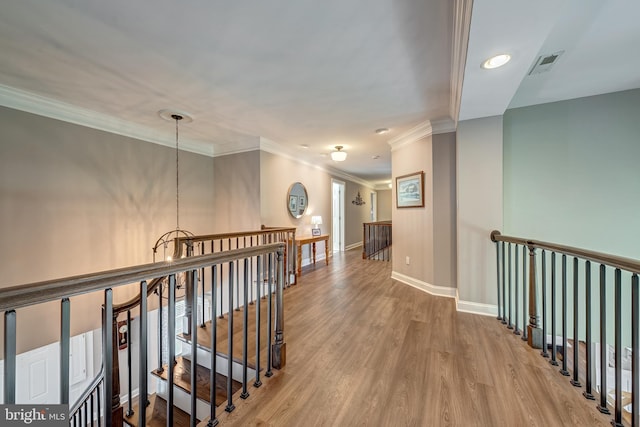 15220 Highview Ct, Waterford, VA 20197 - hall with an upstairs landing, wood finished floors, ornamental molding, and baseboards