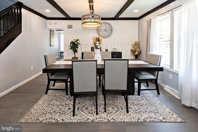 412 Horace Ave, Palmyra, NJ 08065 - dining space featuring beam ceiling, baseboards, wood finished floors, and stairs