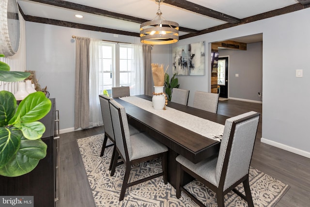 412 Horace Ave, Palmyra, NJ 08065 - dining space with a chandelier, baseboards, dark wood-style flooring, beam ceiling, and recessed lighting