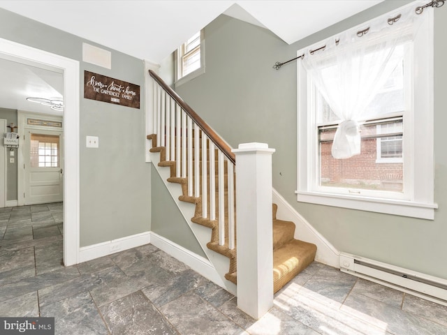 19330 Longmeadow Rd, Hagerstown, MD 21742 - stairs with baseboard heating, baseboards, and stone tile floors