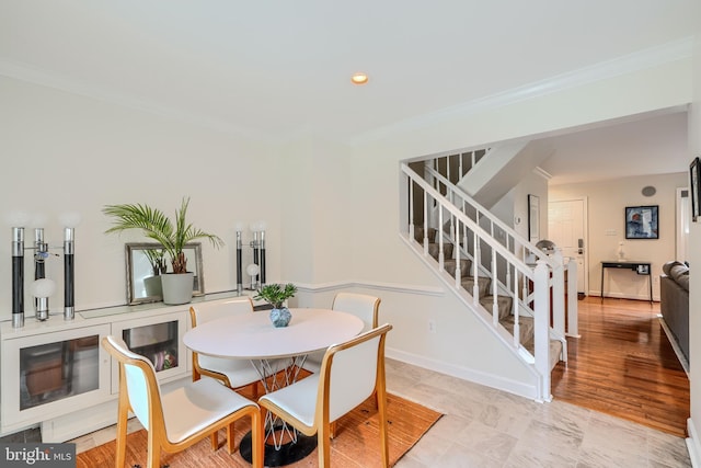 1 Second Tee Ct, Baltimore, MD 21209 - dining area featuring stairs, crown molding, and recessed lighting