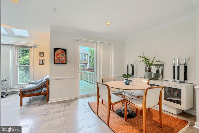 1 Second Tee Ct, Baltimore, MD 21209 - dining room with crown molding, a skylight, and recessed lighting