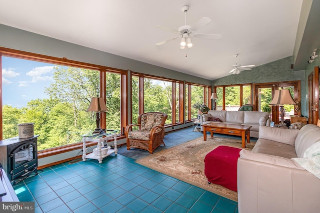 400 Berry Mountain Rd, Millersburg, PA 17061 - living area featuring healthy amount of natural light, ceiling fan, vaulted ceiling, and tile patterned flooring
