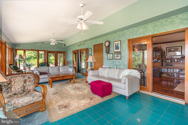 400 Berry Mountain Rd, Millersburg, PA 17061 - living room featuring plenty of natural light, ceiling fan, vaulted ceiling, wallpapered walls, and dark tile patterned flooring