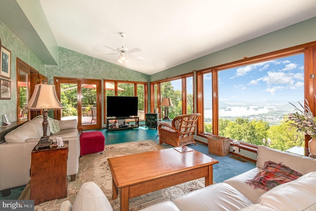 400 Berry Mountain Rd, Millersburg, PA 17061 - living area featuring ceiling fan, vaulted ceiling, healthy amount of natural light, and wood finished floors