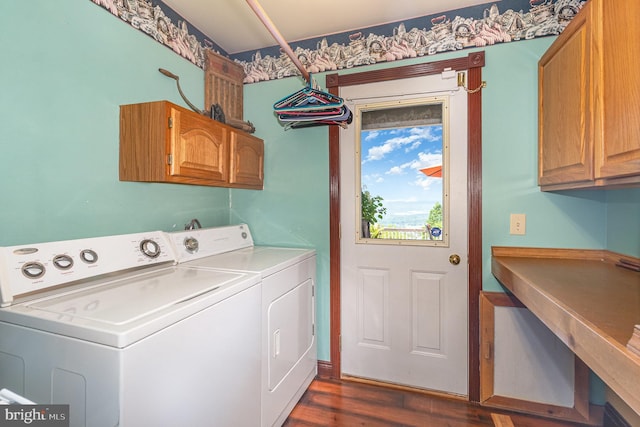 400 Berry Mountain Rd, Millersburg, PA 17061 - laundry area featuring cabinet space, washing machine and dryer, and dark wood-style floors