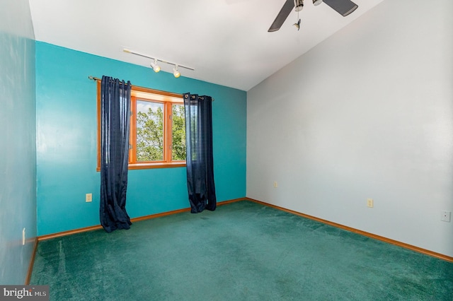 400 Berry Mountain Rd, Millersburg, PA 17061 - empty room featuring rail lighting, carpet floors, a ceiling fan, baseboards, and lofted ceiling