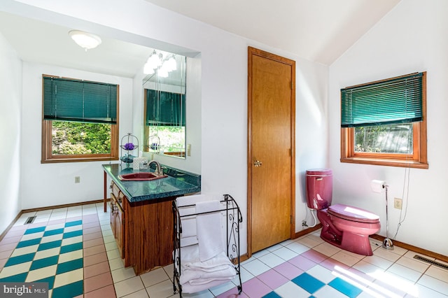 400 Berry Mountain Rd, Millersburg, PA 17061 - bathroom featuring vanity, lofted ceiling, toilet, a chandelier, and baseboards
