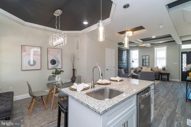 2817 Waldorf Ave, Baltimore, MD 21215 - kitchen with a sink, dishwasher, dark wood-style floors, baseboards, and ornamental molding