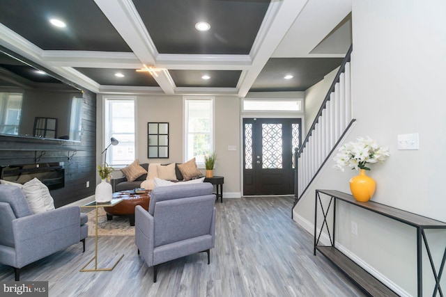 2817 Waldorf Ave, Baltimore, MD 21215 - living room with stairway, wood finished floors, baseboards, beam ceiling, and coffered ceiling