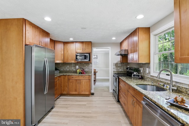 14612 Orangewood St, Silver Spring, MD 20905 - kitchen featuring appliances with stainless steel finishes, a sink, extractor fan, brown cabinets, and recessed lighting