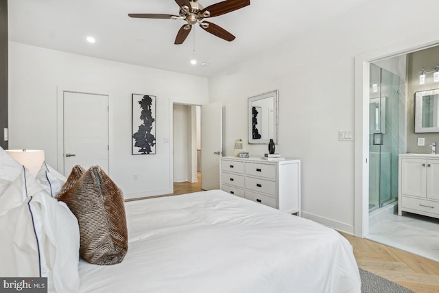 1351 Newton St NW, Washington, DC 20010 - bedroom featuring ensuite bath, a sink, recessed lighting, baseboards, and ceiling fan