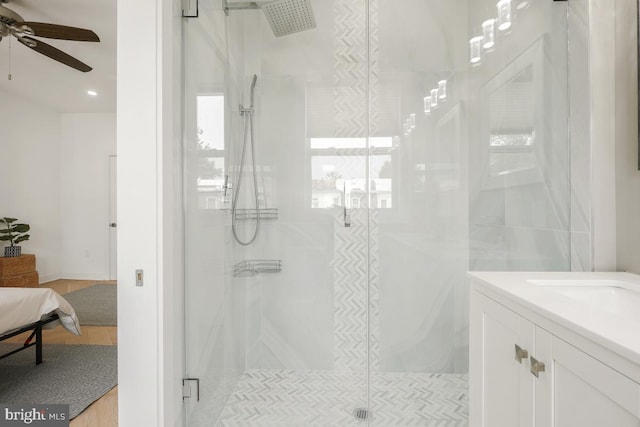 1351 Newton St NW, Washington, DC 20010 - ensuite bathroom featuring a shower stall, ceiling fan, and vanity