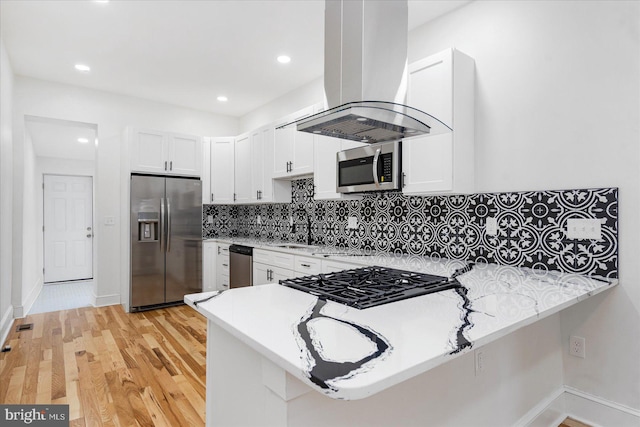1630 E Biddle St, Baltimore, MD 21213 - kitchen with stainless steel appliances, island range hood, a sink, decorative backsplash, and light countertops